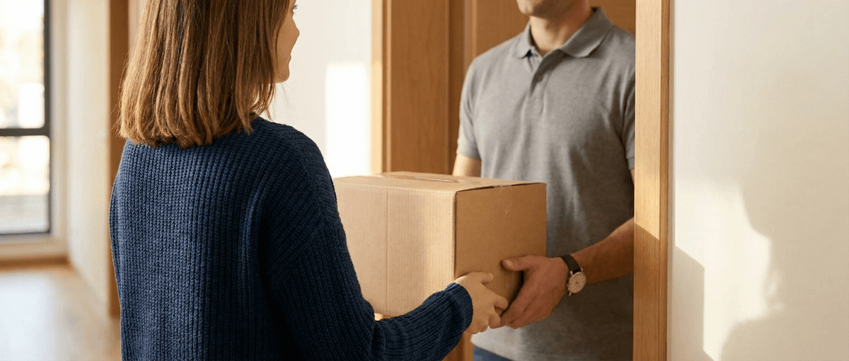 Eine Frau gibt ein Paket an einen Mann, welcher in einer Tür steht