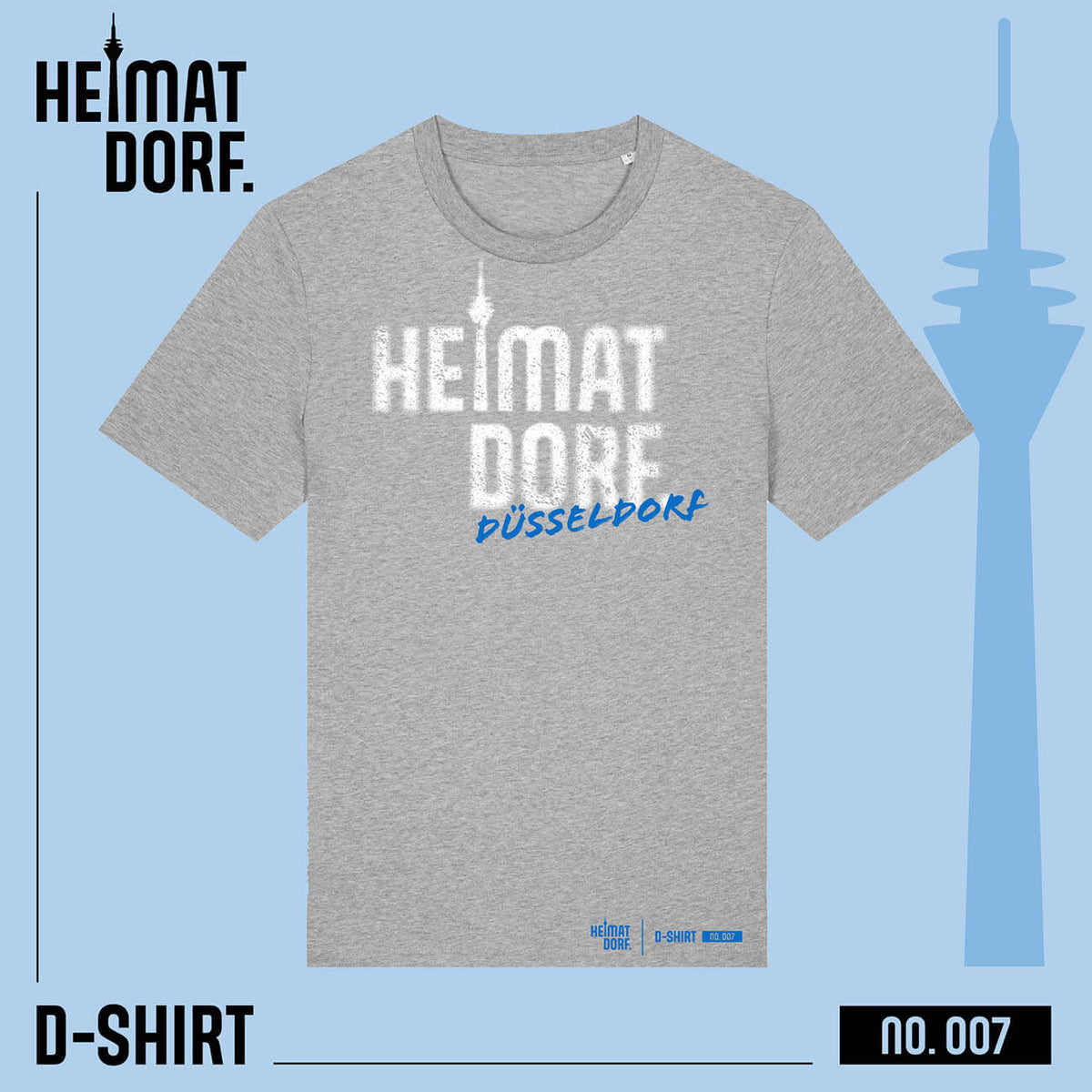 HeimatDorf T-Shirt No. 007 in heather-grey mit weißem Aufdruck HeimatDorf im Graffiti-Style. Darunter steht in Pinselschrift der Name Düsseldorf.