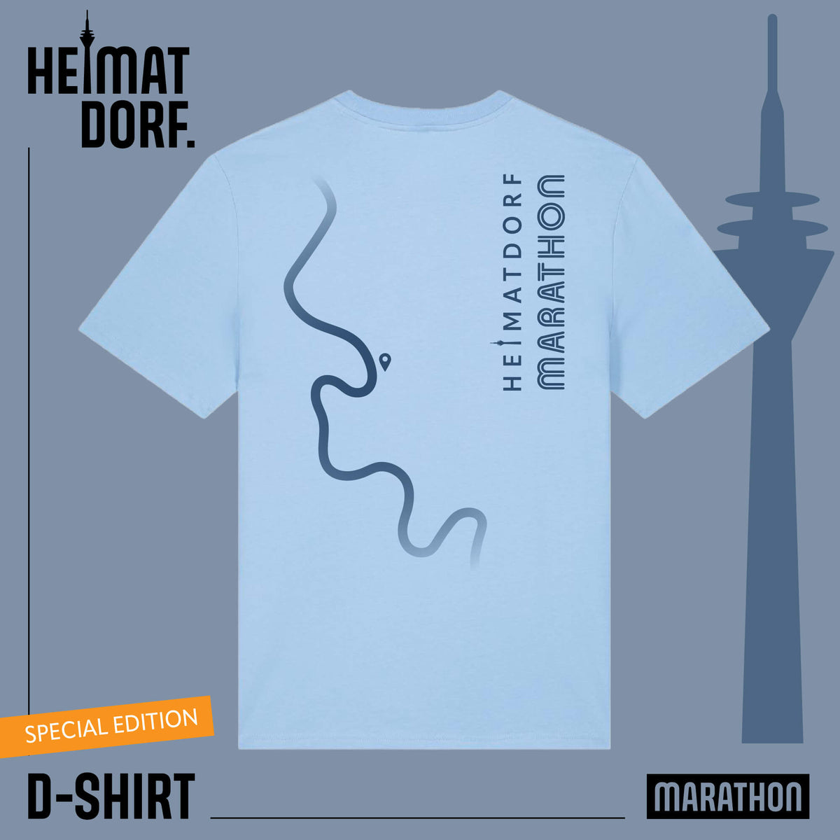 Düsseldorf T-Shirt MARATHON aus hellblauer Bio-Baumwolle. Aufdruck in dunkelblau: links Rheinverlauf und rechts großer Schriftzug Düsseldorf Marathon.