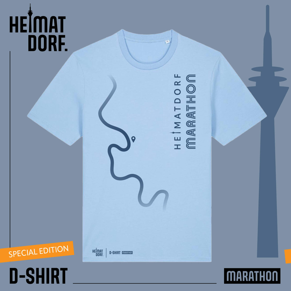 D-Shirt MARATHON Düsseldorf T-Shirt aus Bio-Baumwolle in hellblau. Auf der Vorderseite ist der Düsseldorfer Rheinverlauf in dunkelblau aufgedruckt. Senkrecht findest Du den Schriftzug Heimatdorf Marathon.