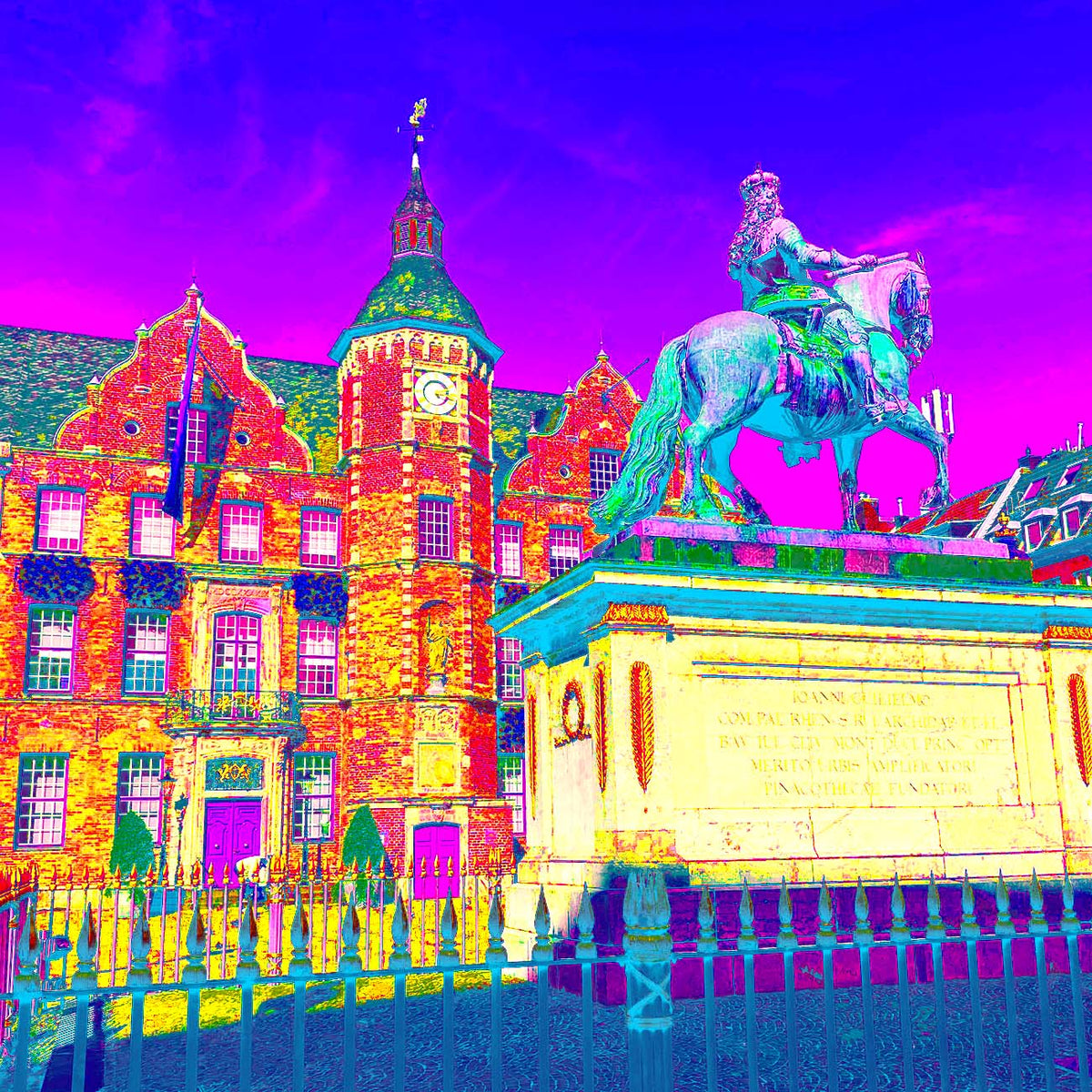 Dieses Popartbild vom Jan Wellem Reiterdenkmal vor dem Düsseldorfer Rathaus besticht durch einen wilden Mix von  Rot-, Magenta-, Gelb und Blau-Tönen.