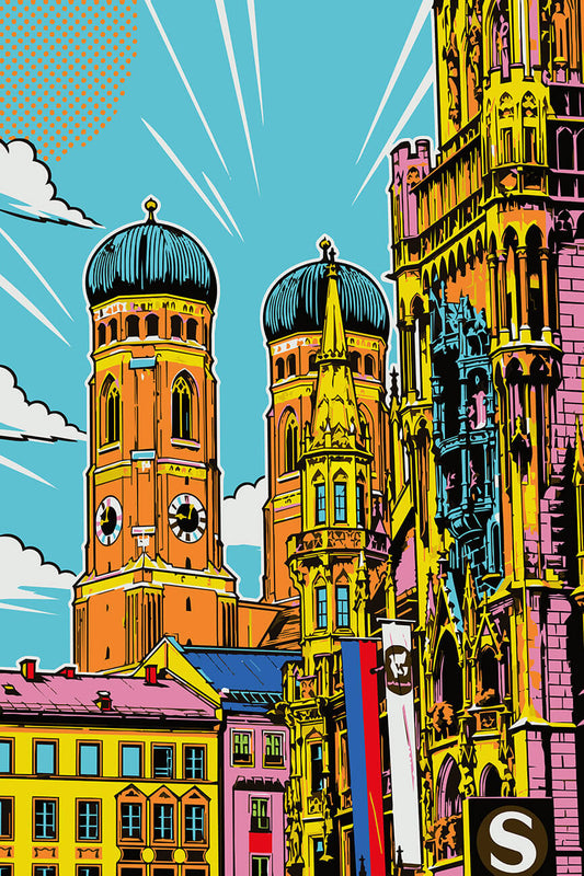 Popart Bild von der Münchner Frauenkirche mit Rathaus