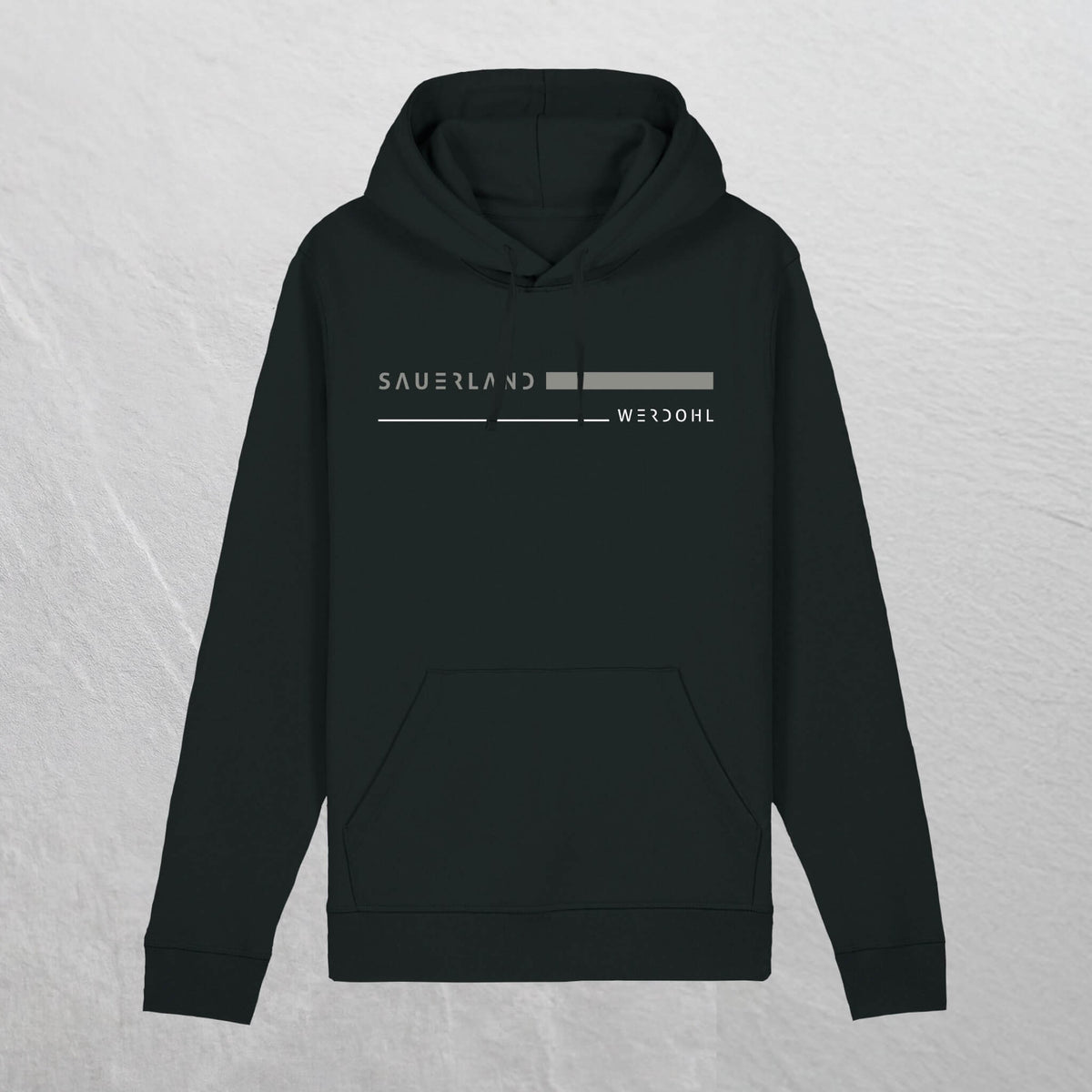 Produktforto eines schwarzem Sauerland Hoodie aus Biobaumwolle mit grauem aufdruck