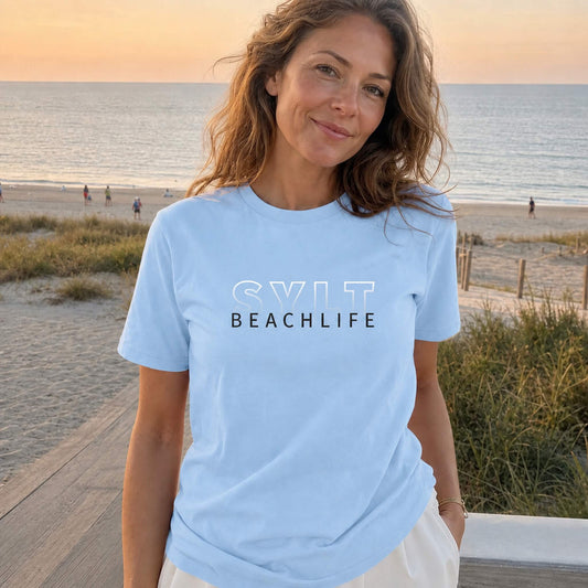 Sylt T-Shirt Beachlife Sylt in himmelblau mit Gradient-Aufdruck auf der Brust