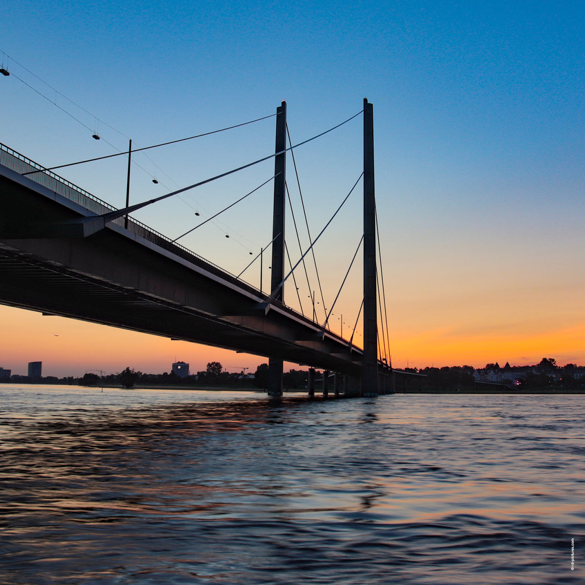 Die Rheinkniebrücke bei Sonnenuntergang aufgenommen auf Höhe des Rheins